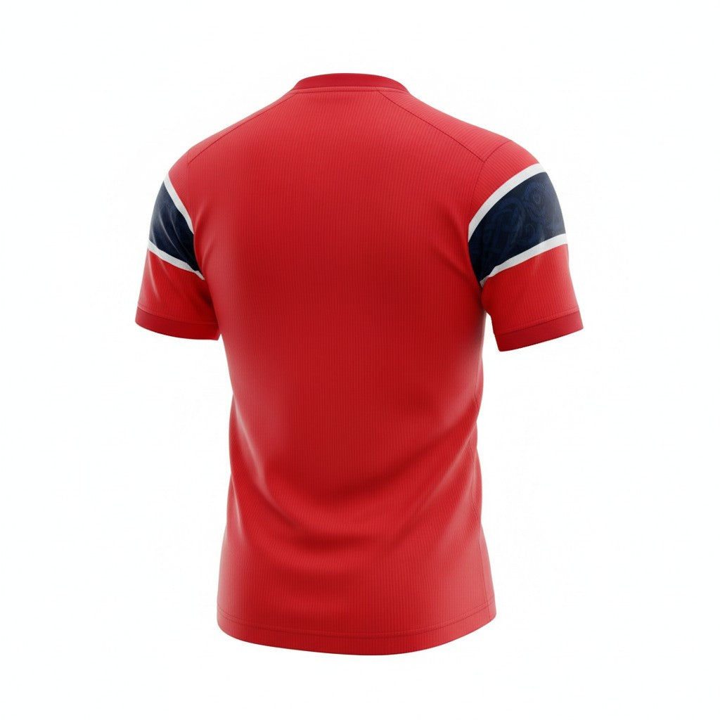 Camiseta principal Noruega 26/27 da Velukz exibida num manequim fantasma, com detalhes do design na frente.