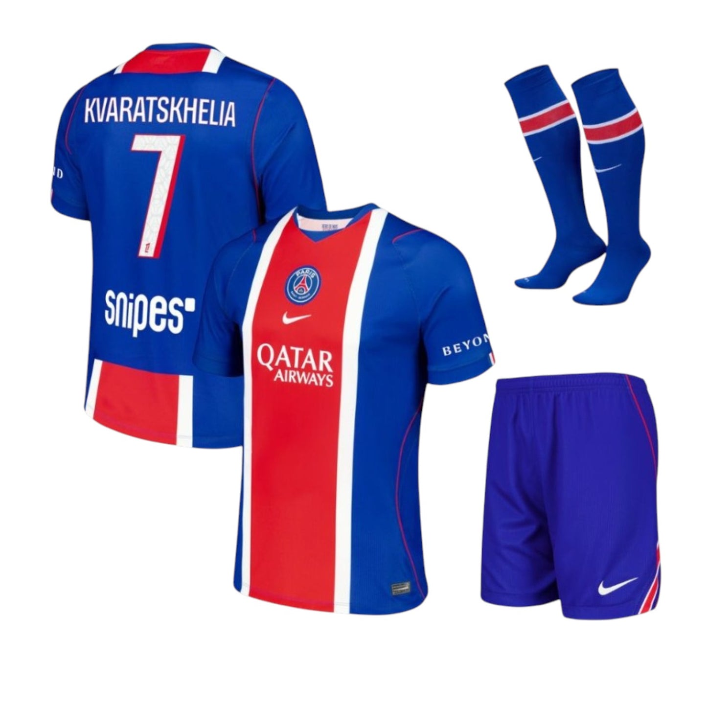 Kit de criança Velukz do PSG com número 26/27 e nome Kvaratskhelia, uniforme infantil do time de futebol Paris Saint-Germain.