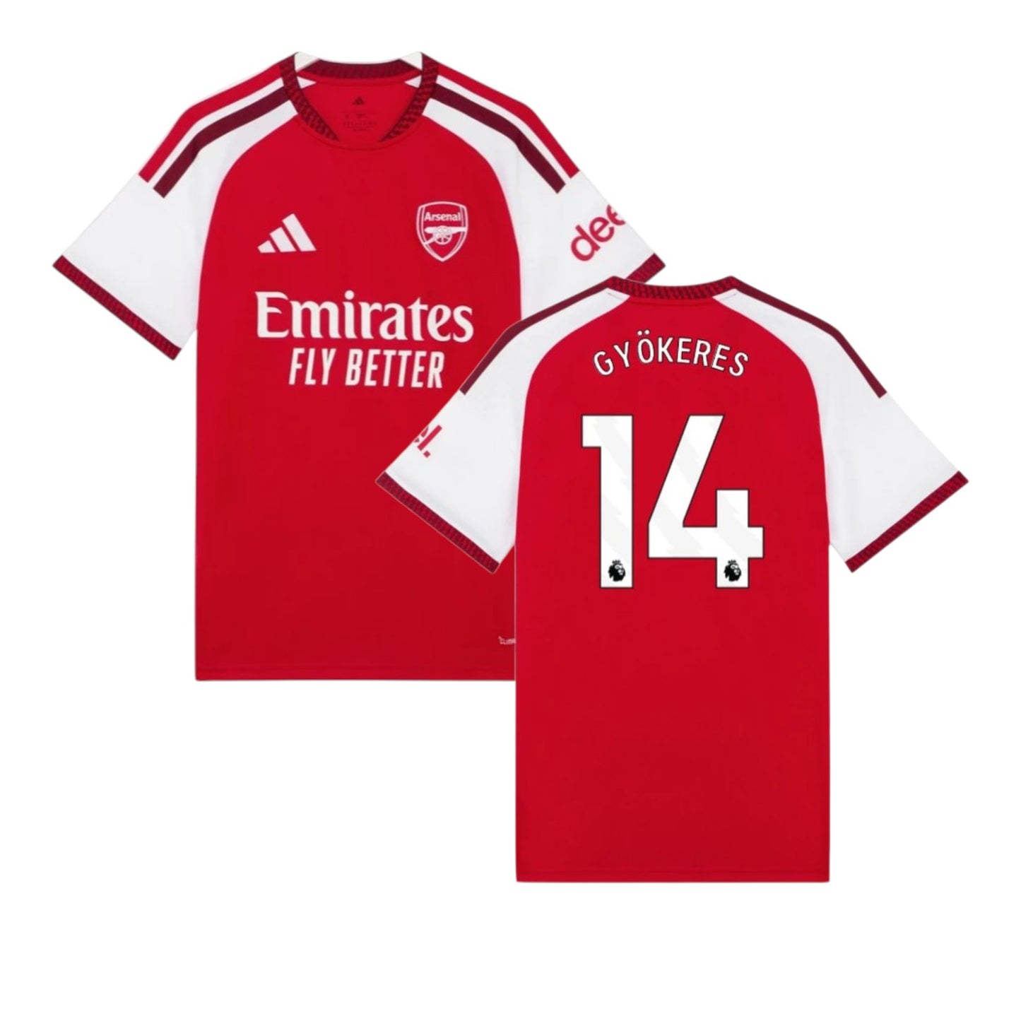 Camiseta principal Arsenal 2026/27 com Gyökeres, camiseta esportiva da Velukz, detalhe do design e cores do time de futebol.