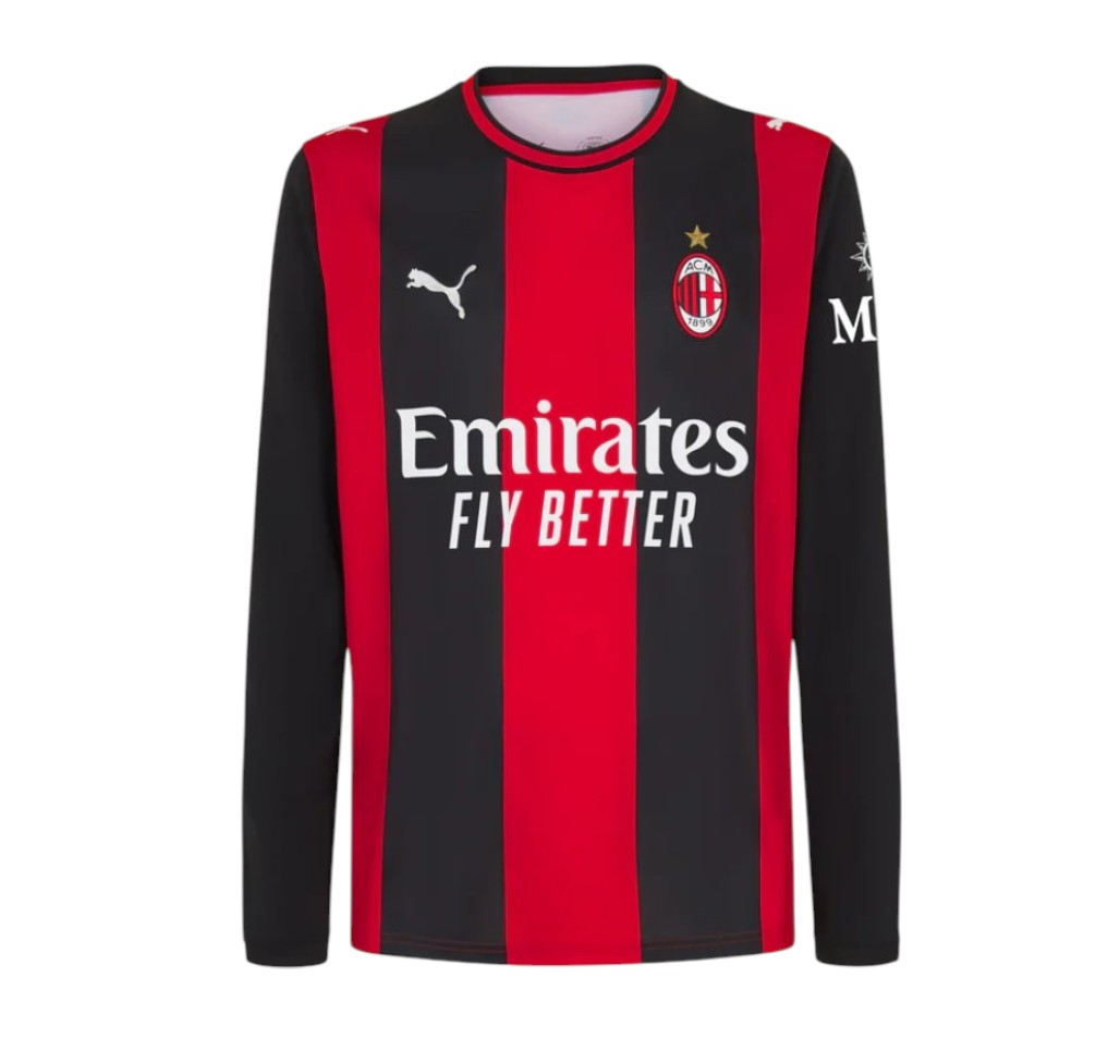 Camisa T-Shirt Principal Ac Milan de manga comprida da coleção 26/27, marca Velukz, com detalhes do time.