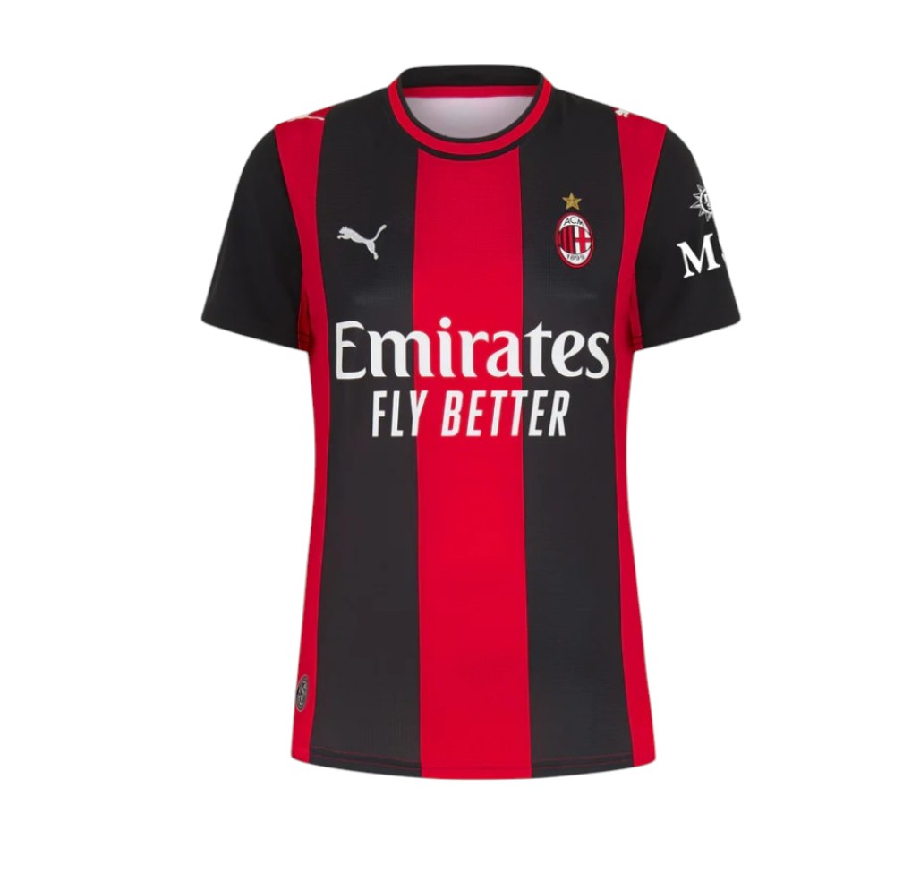 Camiseta principal feminina do AC Milan 2026/2027, marca Velukz, com detalhes do time e design esportivo.