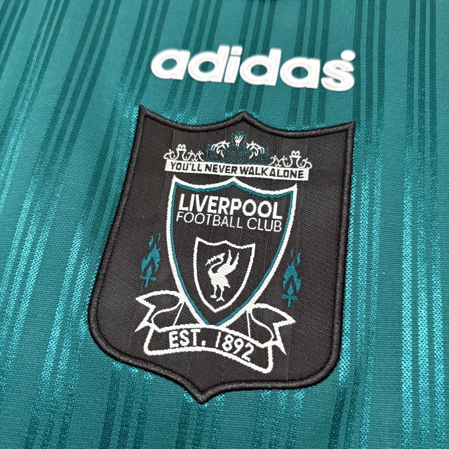 Camiseta T-Shirt Retro Especial Green Liverpool 95/96 da Velukz, com design clássico e detalhes verdes, vista frontal.