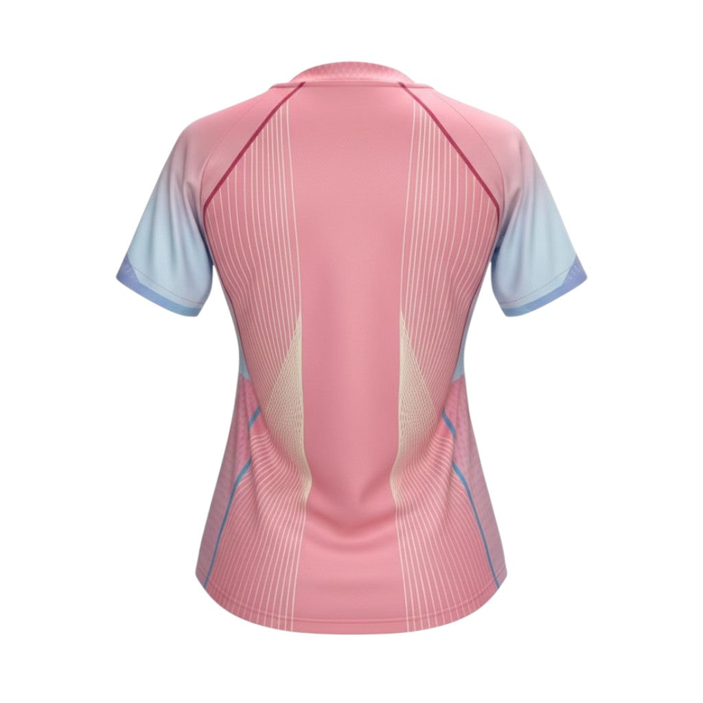 T-shirt feminina Velukz Barcelona rosa, com design de barras, em tecido leve e confortável, ideal para o dia a dia.