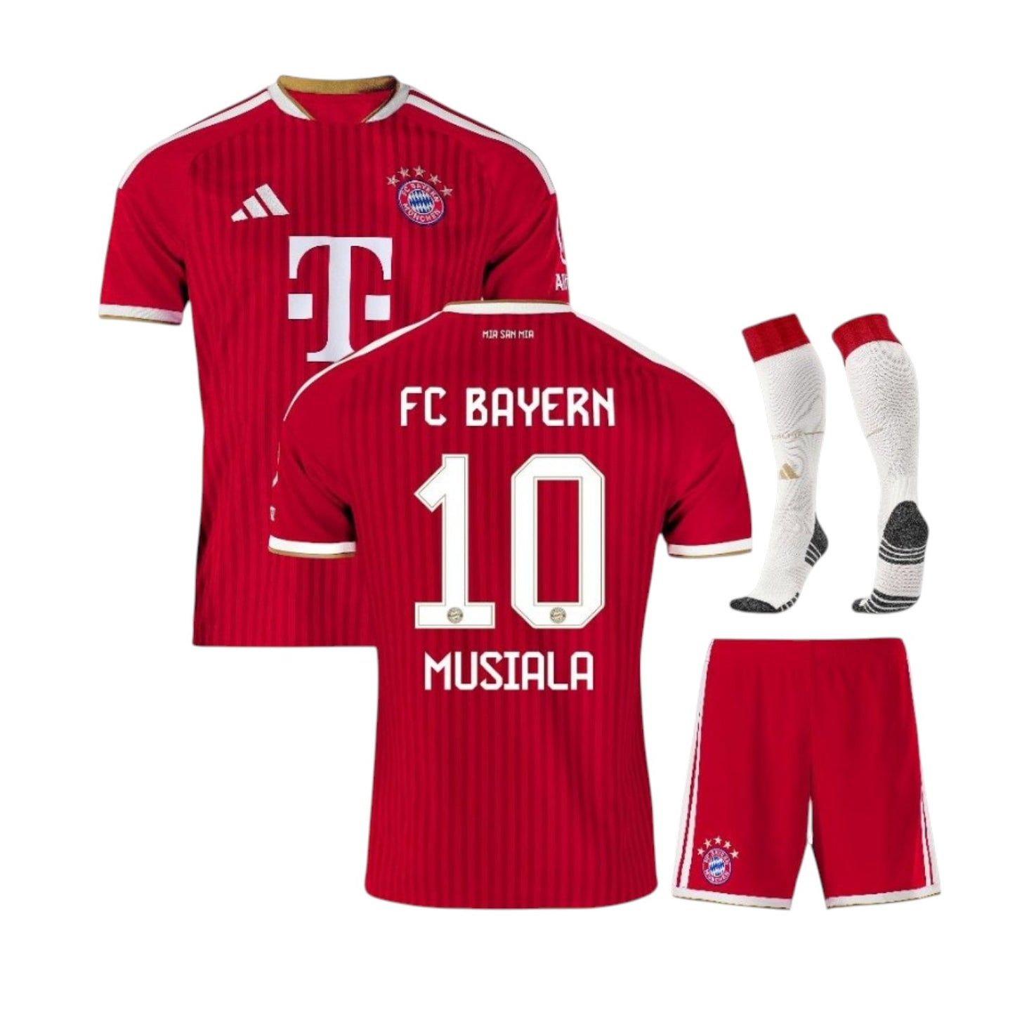 Kit criança Bayern Munique Velukz com nome e número Musiala, camisa azul com detalhes brancos e logotipo do time.