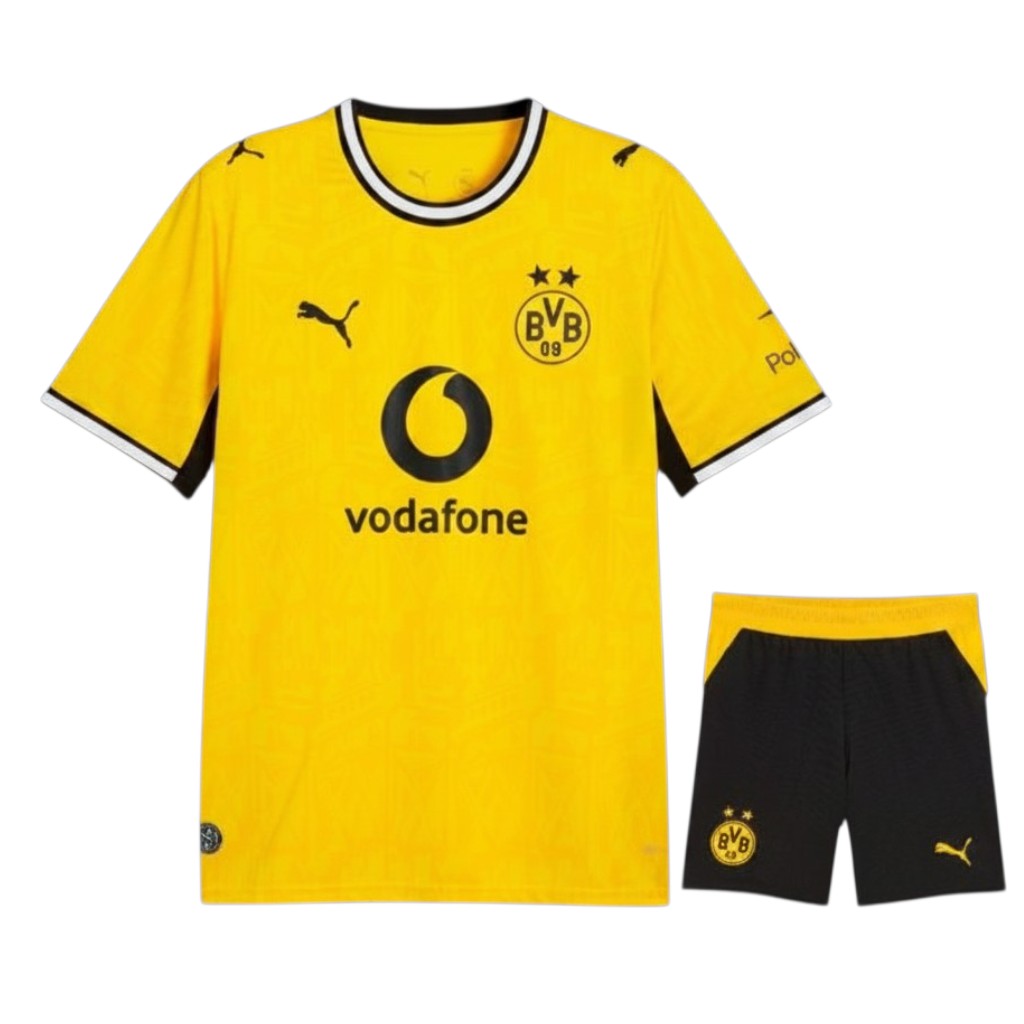 Camiseta infantil do Borussia Dortmund 26/27 da Velukz, com cores do time e detalhes da equipe, vista frontal.