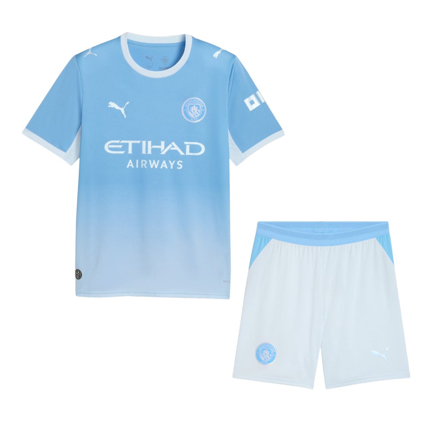 Conjunto de roupa de criança do Manchester City 26/27, kit infantil da marca Velukz, com camisa e shorts azuis do time de futebol.