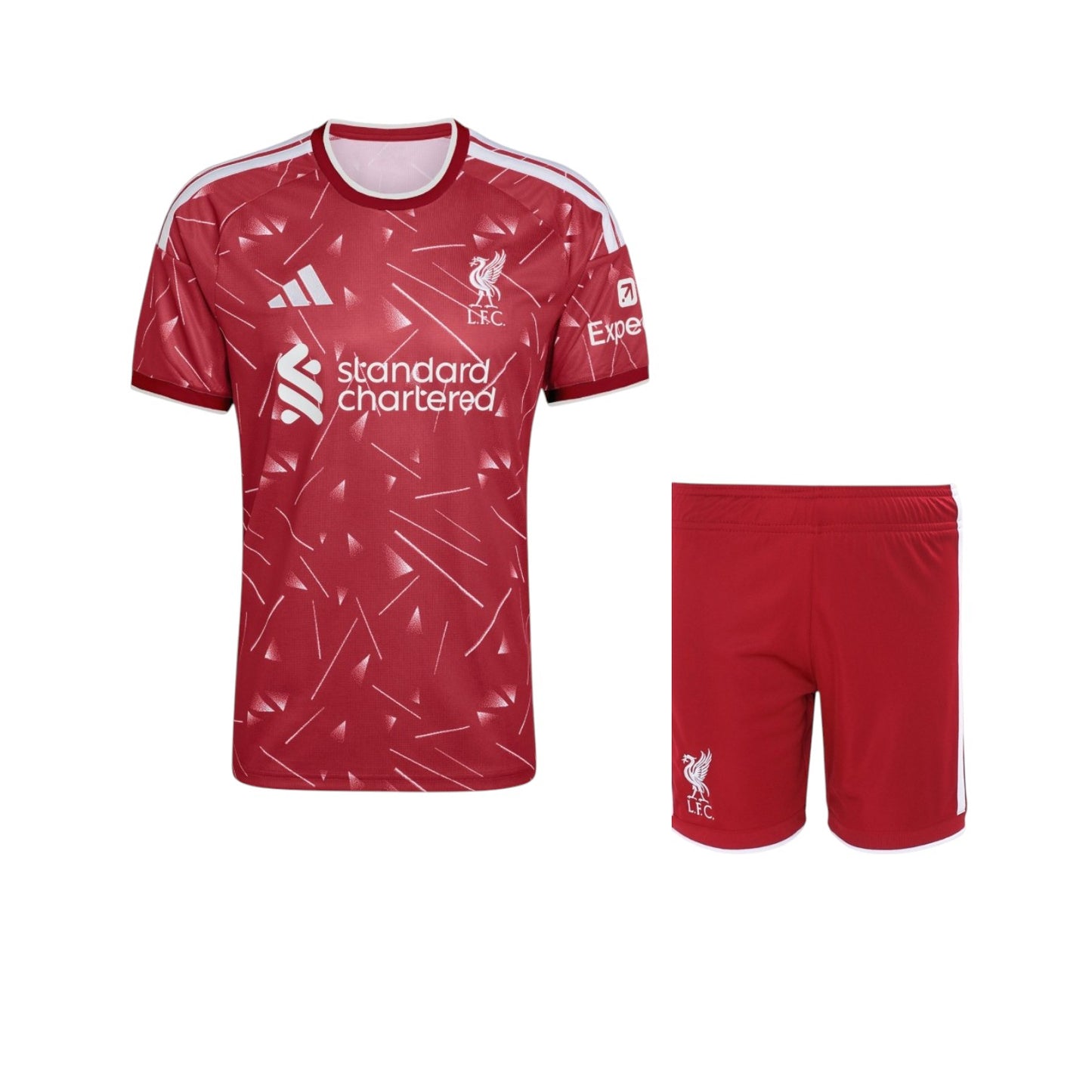 Camiseta infantil Velukz do Liverpool, tamanho 26/27, com detalhes do clube de futebol na frente, em cores vermelha e branca.