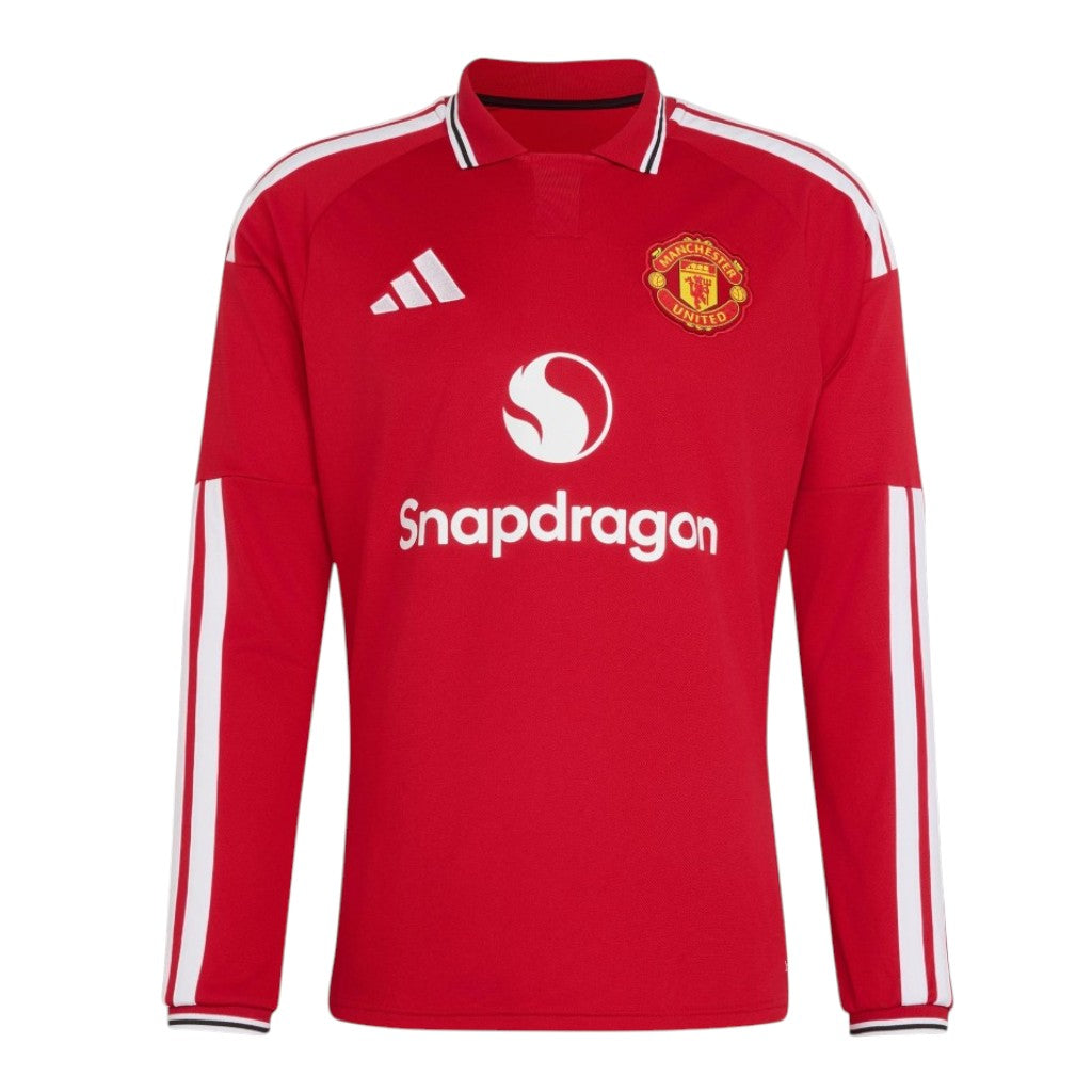 Camiseta de manga longa do Manchester United 2026/27, marca Velukz, com logotipo do time e design esportivo.