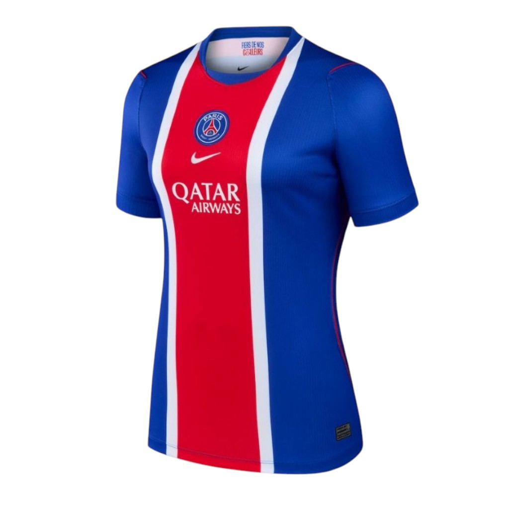 Camisa T-Shirt Principal Mulher PSG da Velukz, branca com detalhes em azul e vermelho, vista frontal.