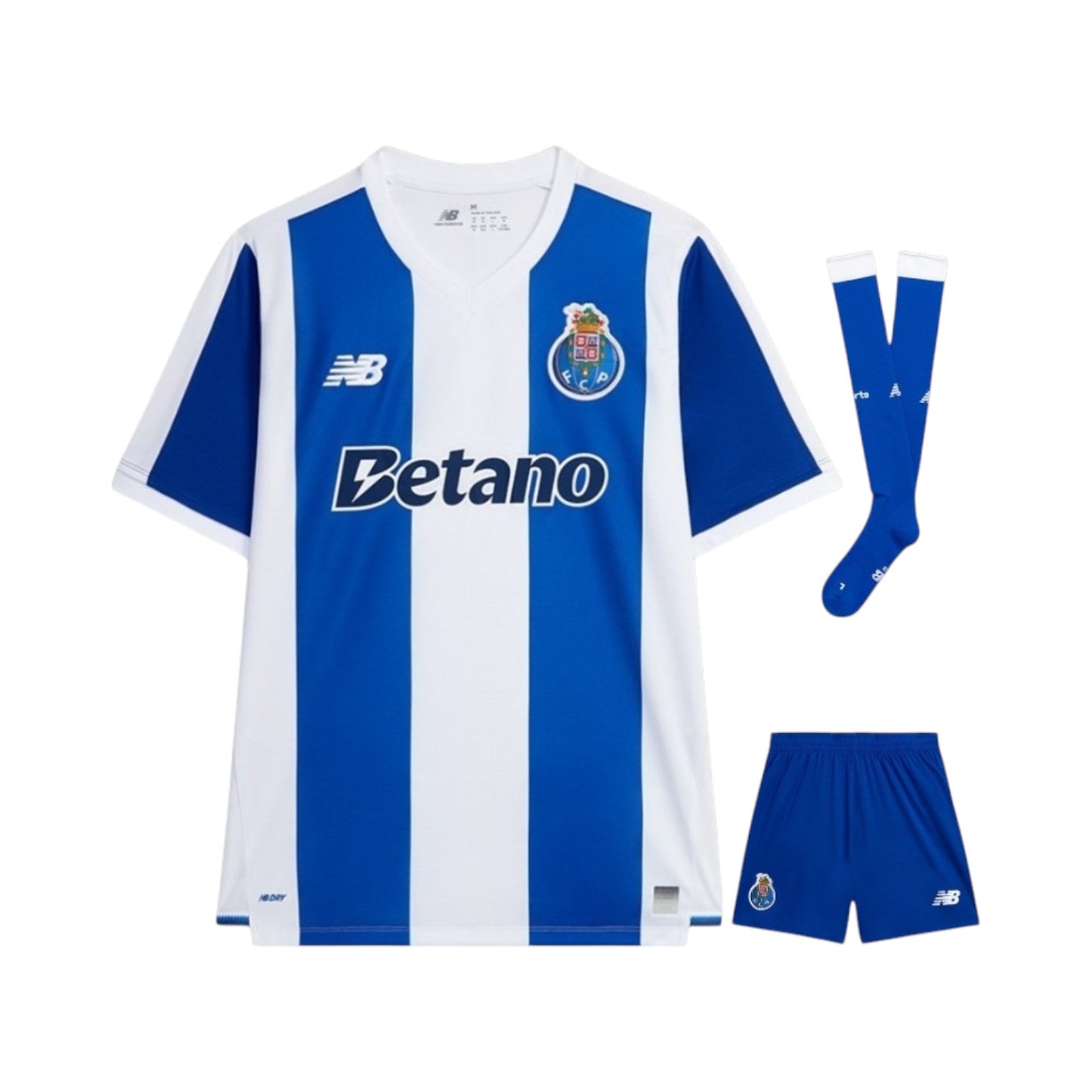 Kit criança do F.C. Porto 2026/2027 da Velukz, camiseta azul com detalhes brancos e escudo do time.