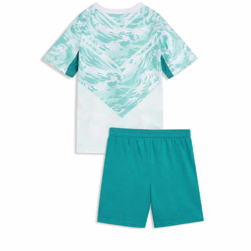 Kit criança Velukz Alternativa Portugal 2026, uniforme azul com detalhes vermelhos, camisa e shorts para crianças, frente da roupa.