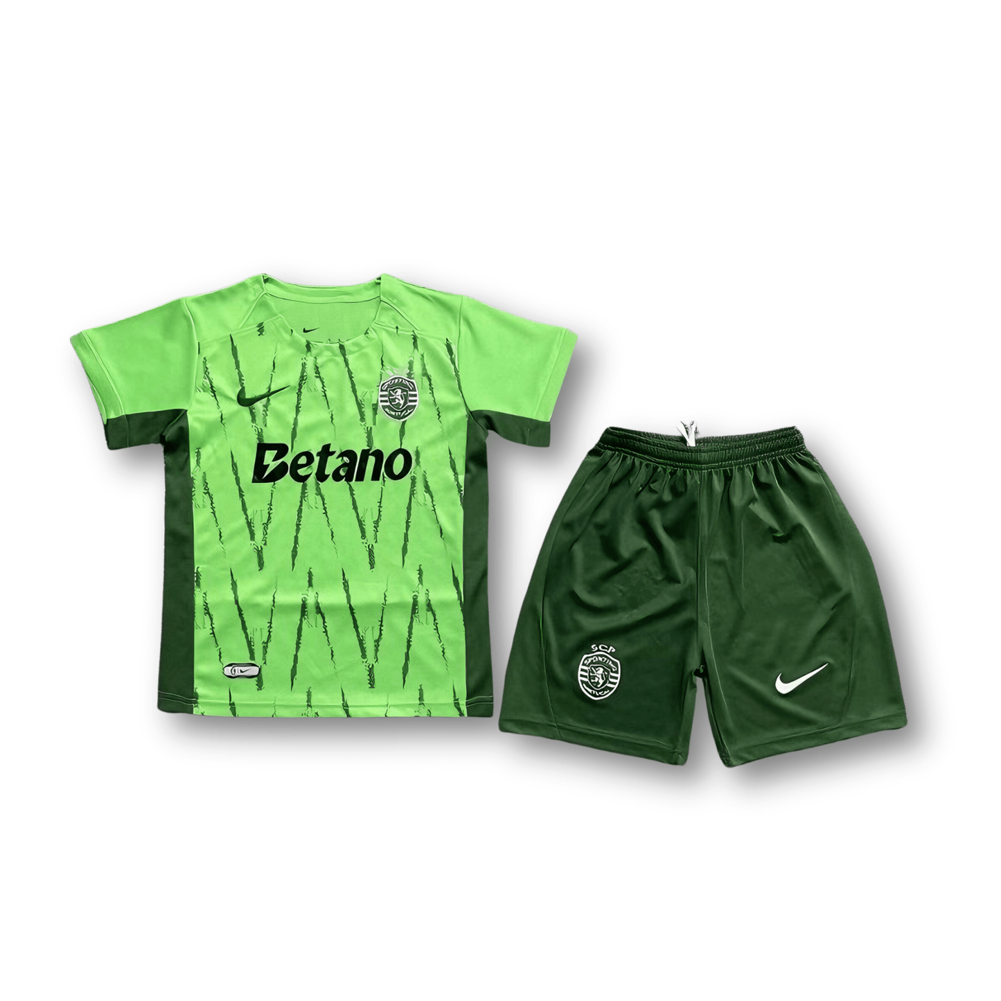 Kickeoffss Sporting 3rd 24/25 kit for children featuring vibrant colors and team logo on jersey and shorts.