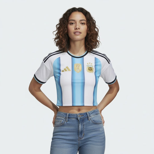 T-shirt cropped Velukz Mulher Argentina Principal 26/27, roupa casual de moda, vista frontal com detalhes da camiseta.