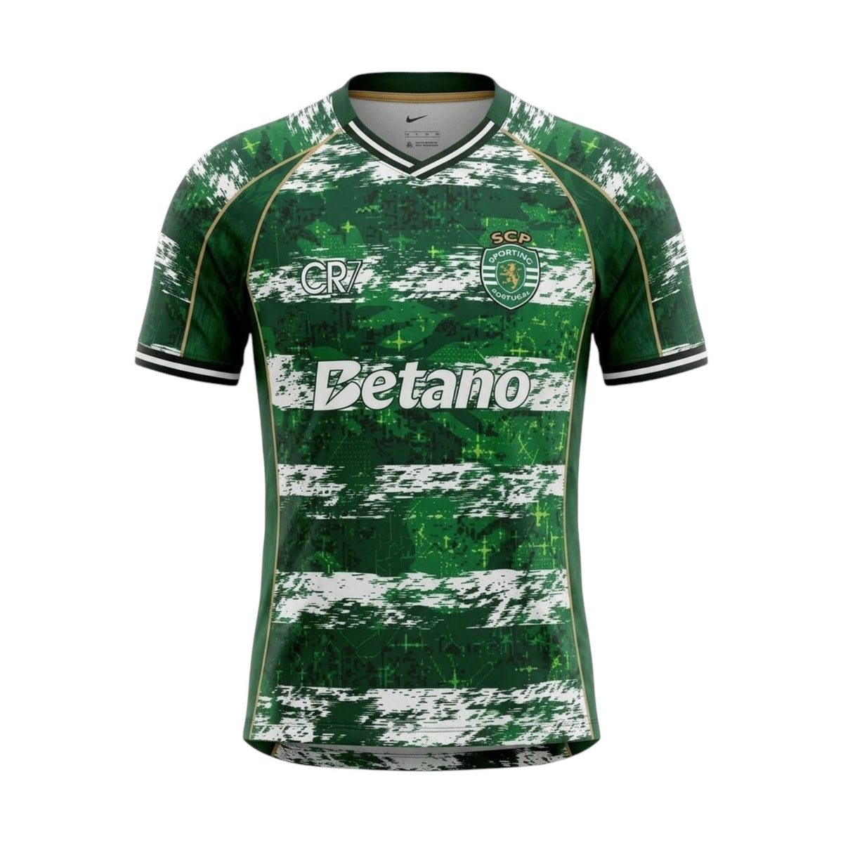 Camisa T-Shirt Velukz Sporting 26-27 na cor branca, com detalhes do time e logotipo na frente, vestida em modelo.
