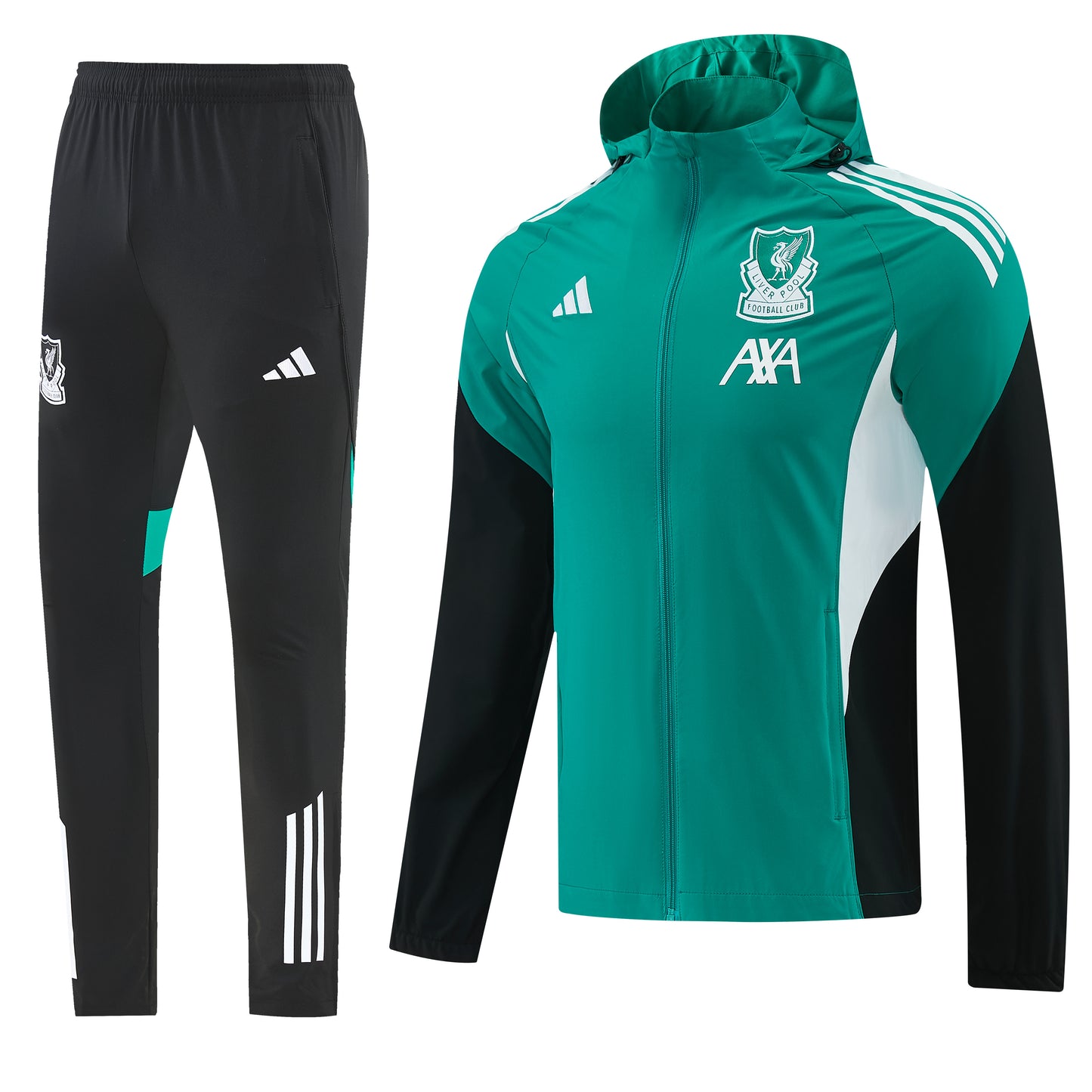 Fato de treino com capuz Velukz Liverpool 26/27, confortável e ideal para atividades físicas, em cores pretas e cinza.