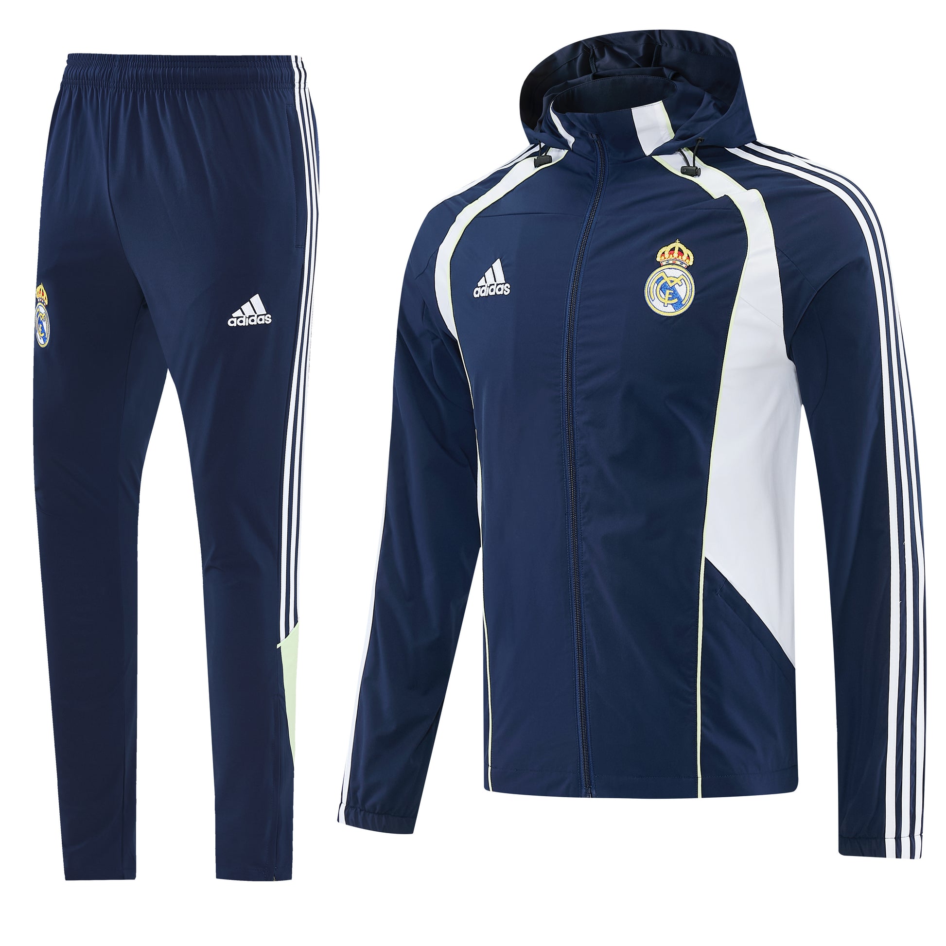 Fato de treino com capuz do Real Madrid 26/27 da marca Velukz, em tecido azul com detalhes brancos.