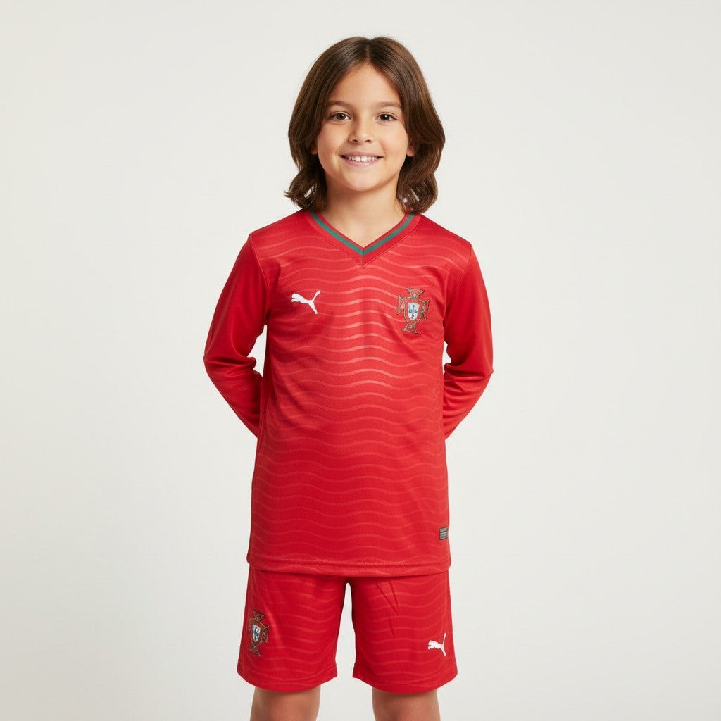 Camiseta infantil Velukz Portugal 26/27, t-shirt azul com detalhes coloridos, ideal para crianças.