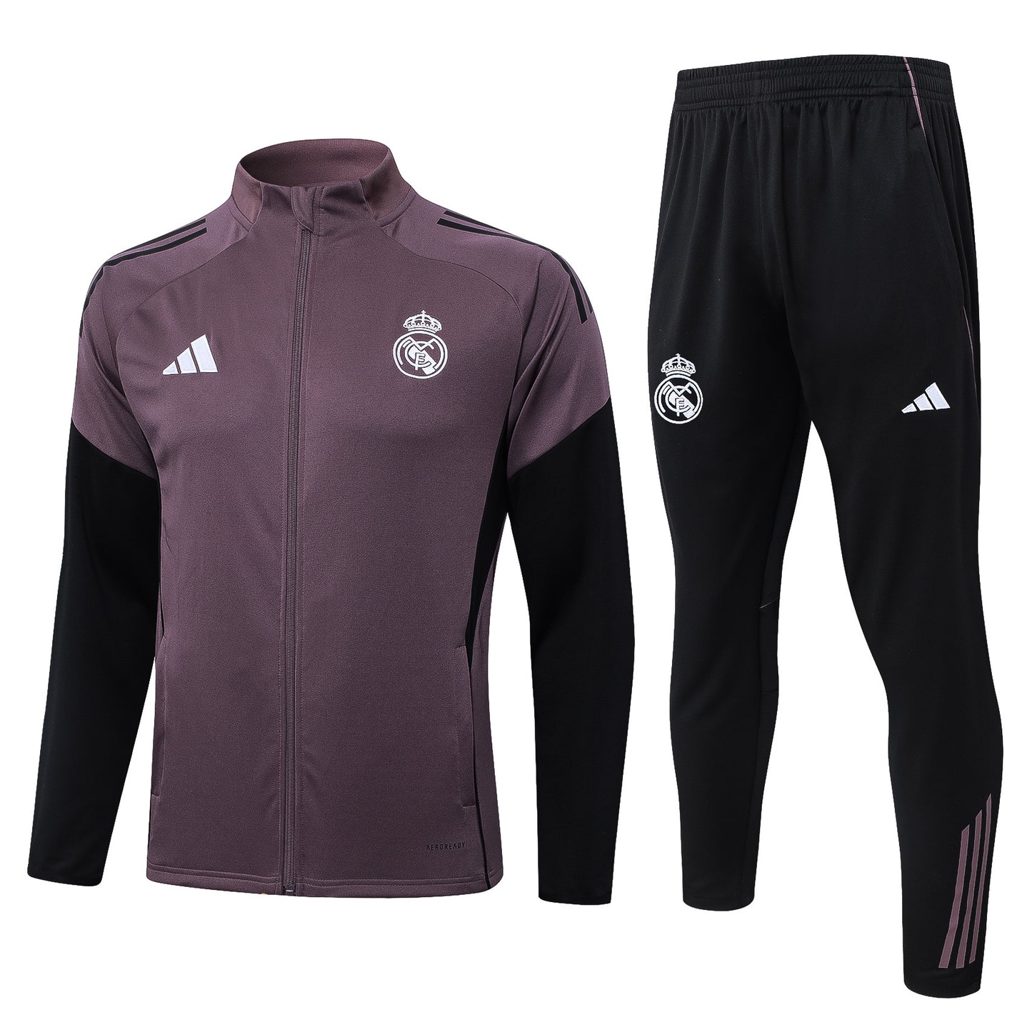 Conjunto de treino Real Madrid 26/27 da Velukz, composto por calças e blusa brancas com detalhes do clube.