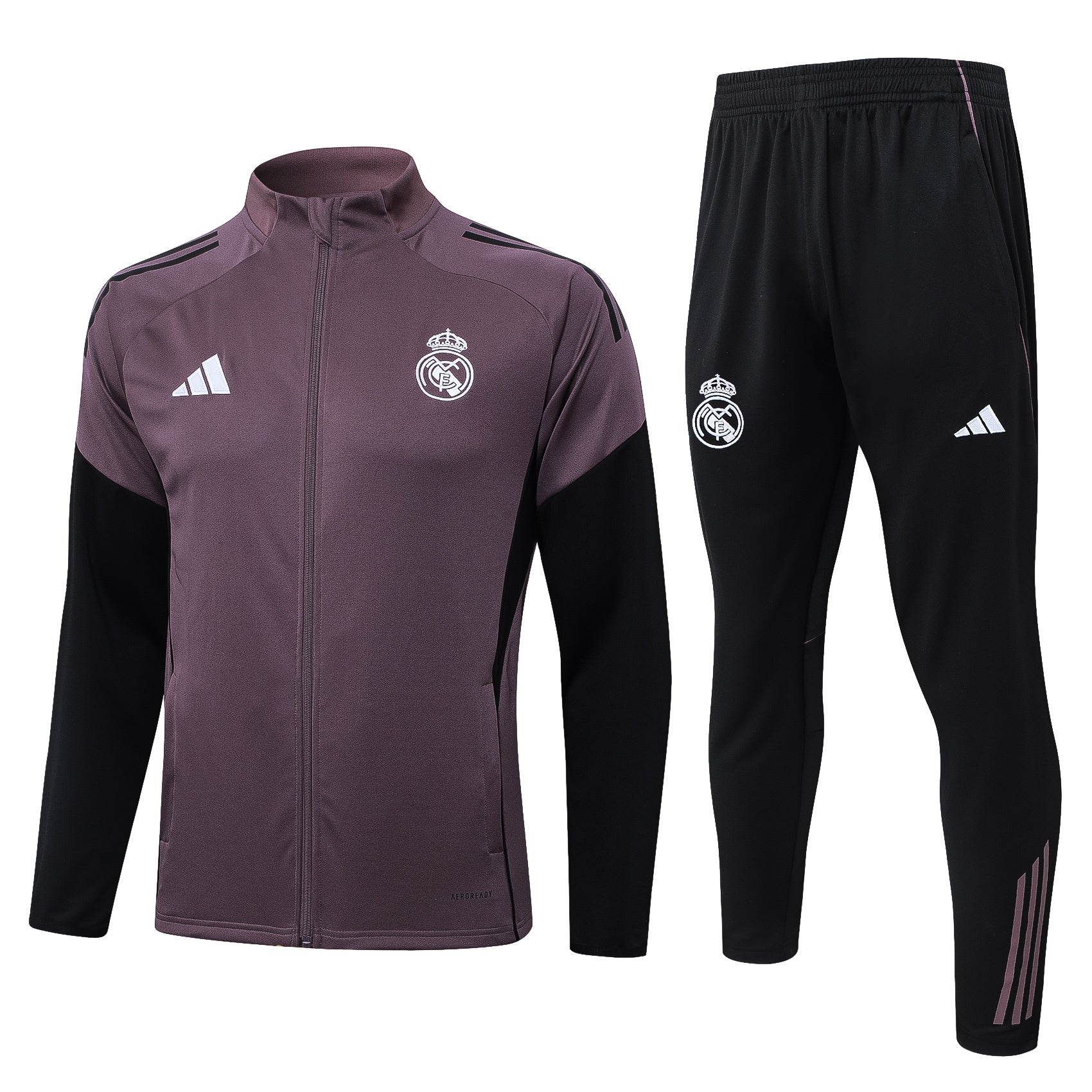 Conjunto de treino Real Madrid 26/27 da Velukz, composto por calças e blusa brancas com detalhes do clube.