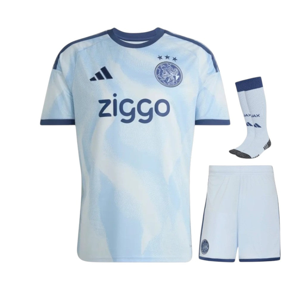 Camiseta infantil do terceiro uniforme do Ajax 26/27, marca Velukz, com logo do time em destaque e detalhes em azul e branco.
