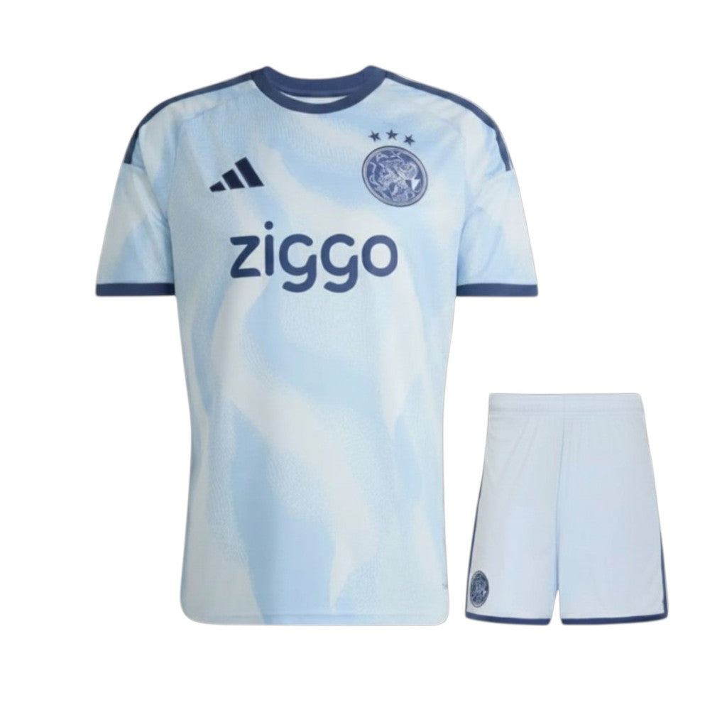 Camiseta infantil do terceiro uniforme do Ajax 26/27, marca Velukz, exibida com detalhes do time em tecido confortável