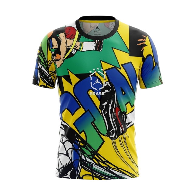 Camisola T-Shirt Cartoon Brasil 2026 da Velukz, com design colorido e ilustrações do Brasil para o Mundial de 2026.