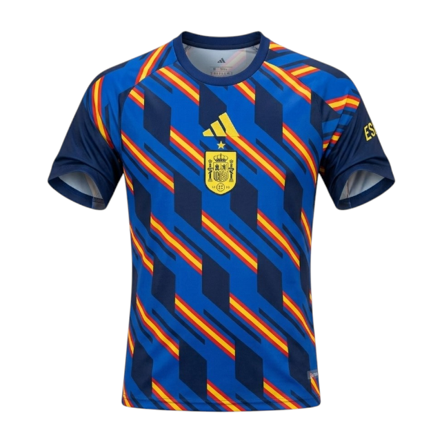 Camiseta Preseason Espanha 2026 da Velukz, com design da seleção espanhola, vista frontal com detalhes coloridos.