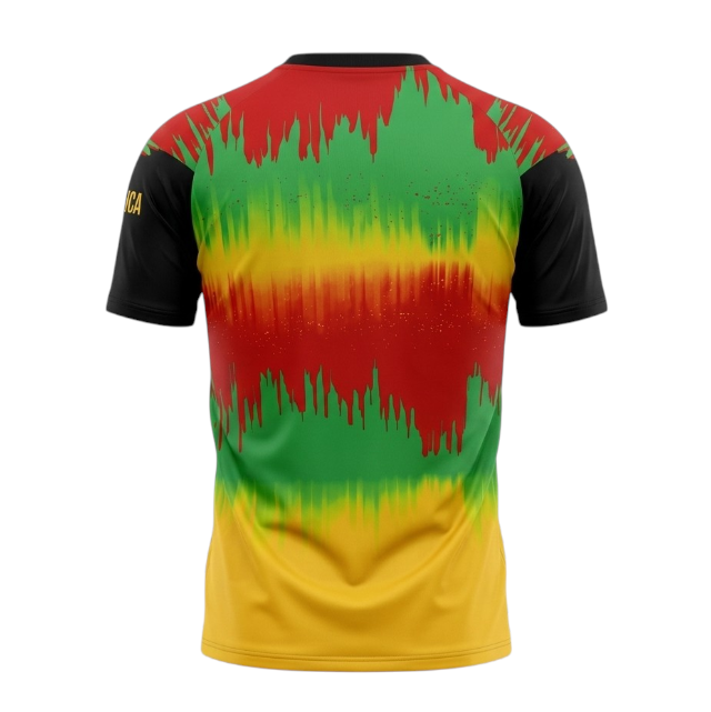 Camiseta Velukz Jamaica 2026 de aquecimento, feita de tecido confortável, com detalhes coloridos e logotipo na frente.