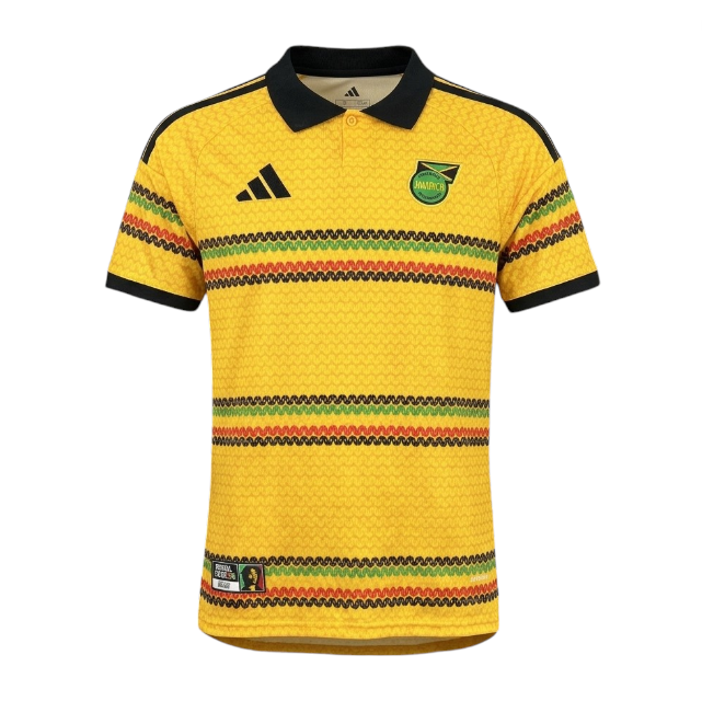 Camiseta principal Jamaica 2026 da marca Velukz, com design colorido e detalhes da seleção de futebol na frente.