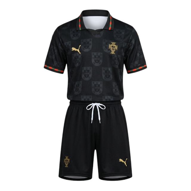 Kit criança Velukz Portugal 2026 com camisetas e acessórios coloridos, ideal para fãs da seleção portuguesa.