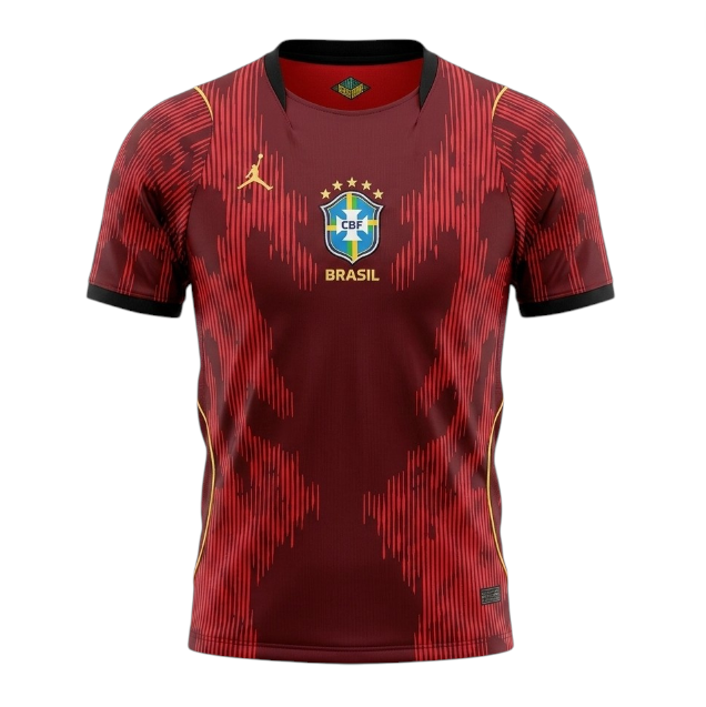Camisa vermelha do Brasil 2026 da marca Velukz, mostrando o design da camiseta em detalhe.
