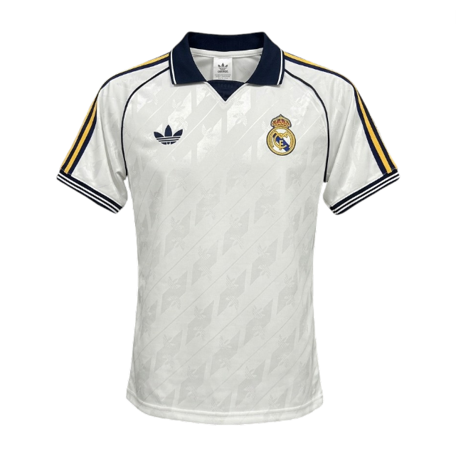 Camiseta branca retrô do Real Madrid da marca Velukz, estilo clássico, com detalhes do time e design esportivo.