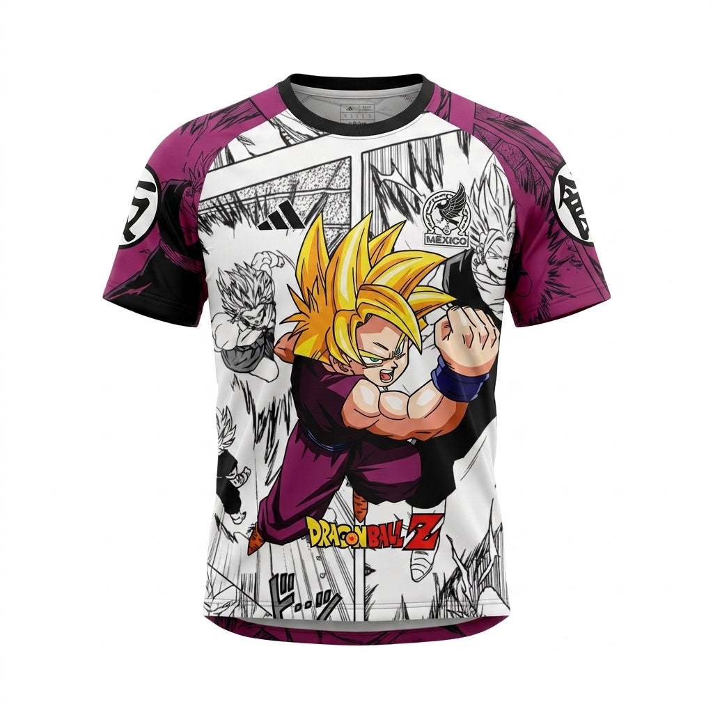Camisola especial do México Dragon Ball Z da Velukz, camiseta de anime com design do personagem em destaque.