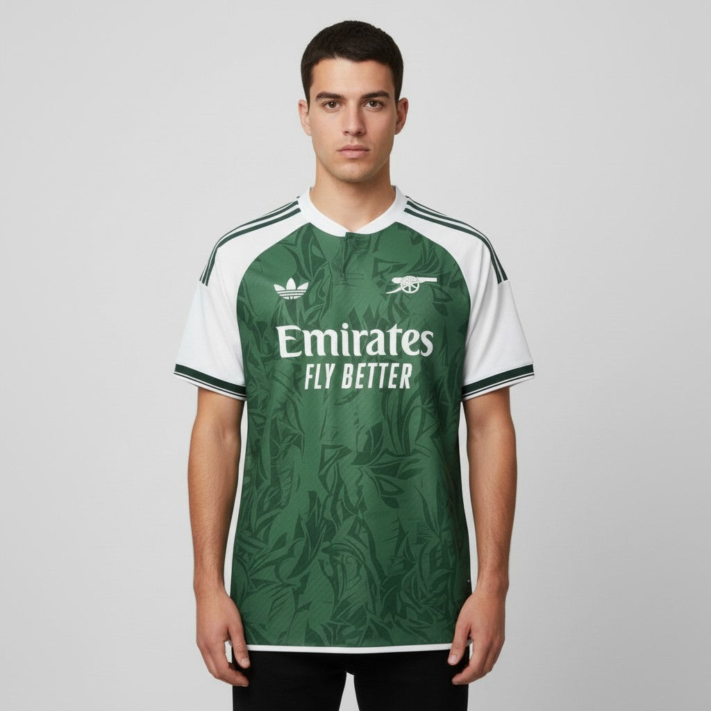 T-shirt especial do Arsenal da marca Velukz exibida em manequim fantasma, com detalhes do design na frente.