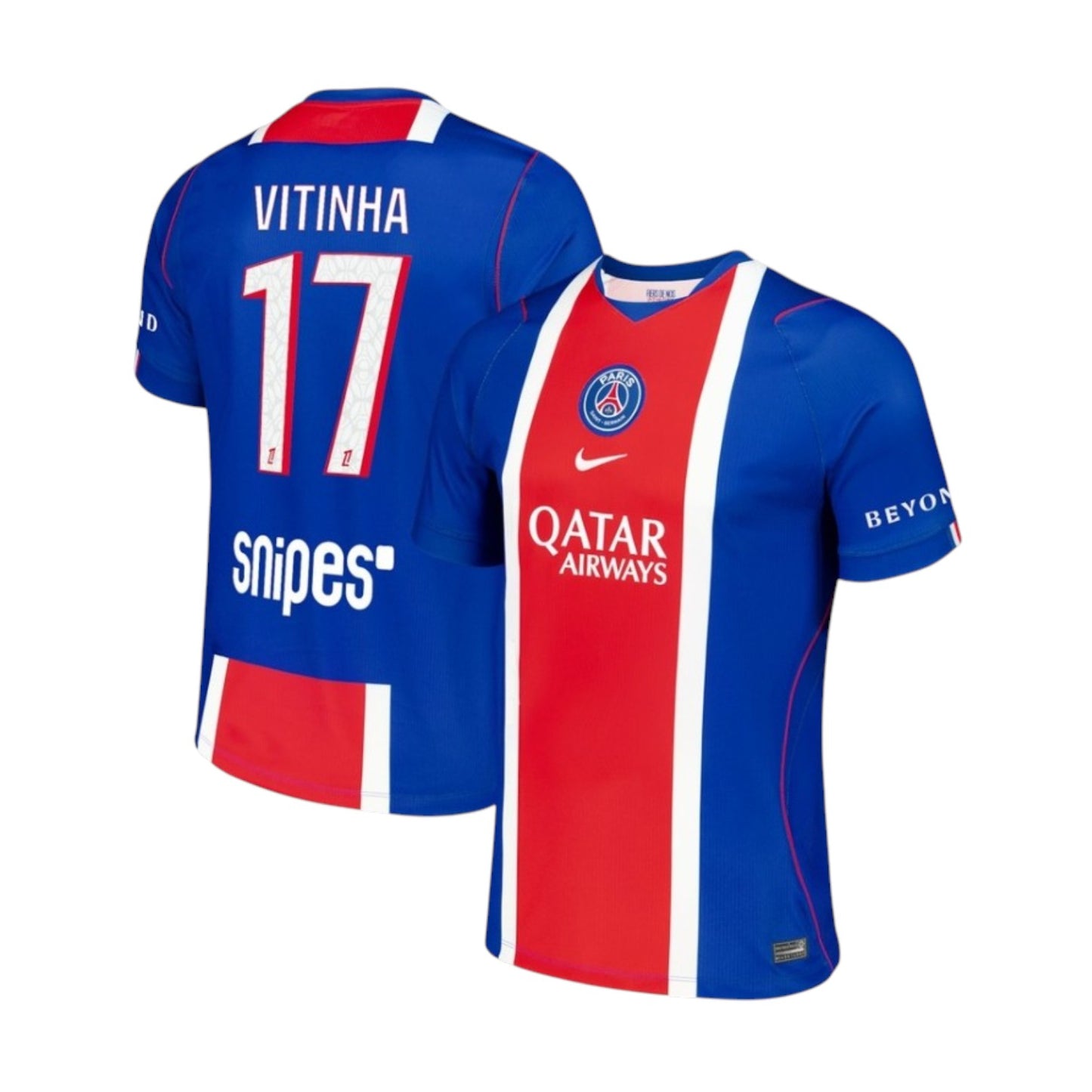 Camiseta principal do PSG 26/27 Vitinha da Velukz, mostrando nome e número 5 na frente, em detalhes coloridos, para fãs de futebol.
