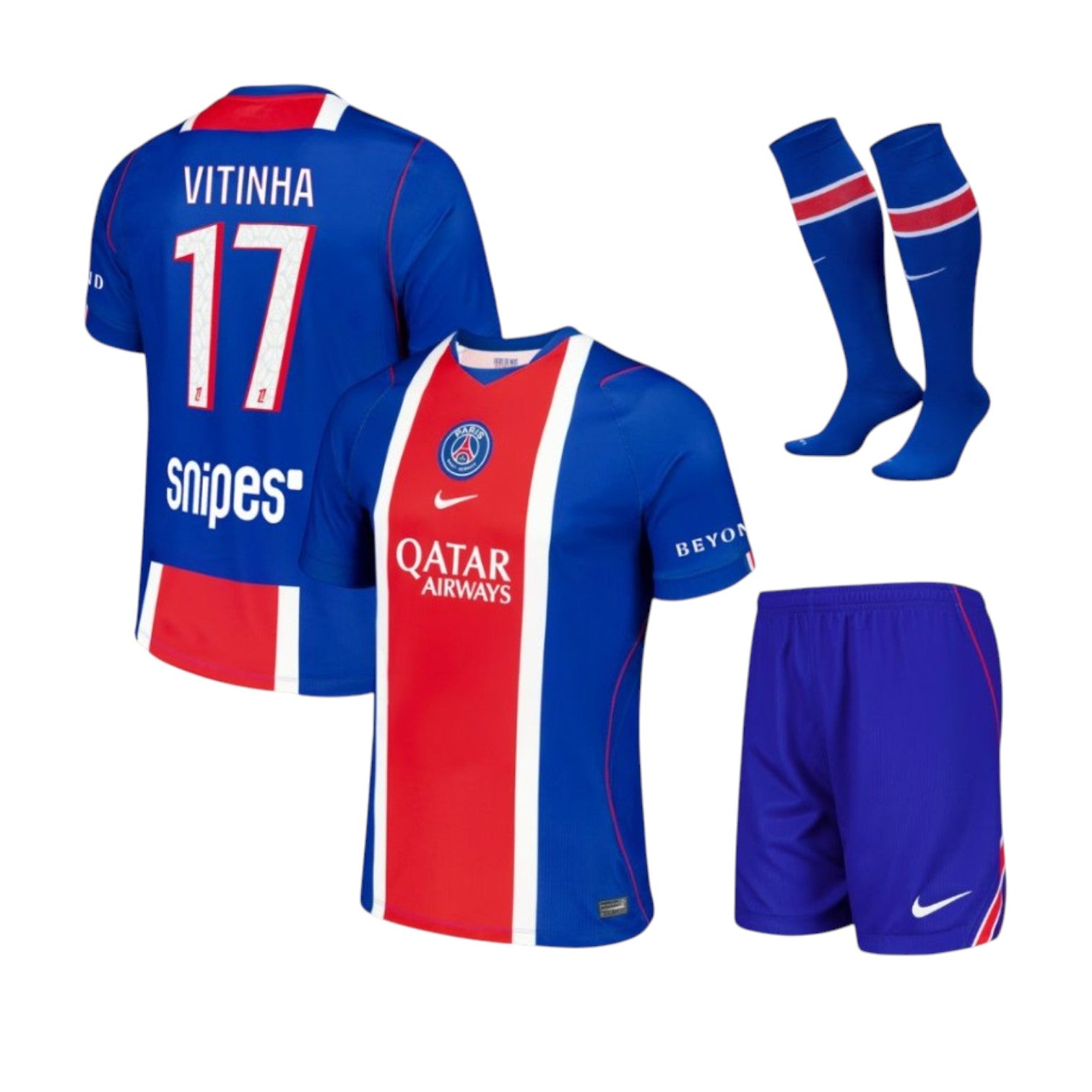 Conjunto infantil do PSG com número 26/27 do jogador Vitinha, camiseta e shorts da Velukz para crianças.