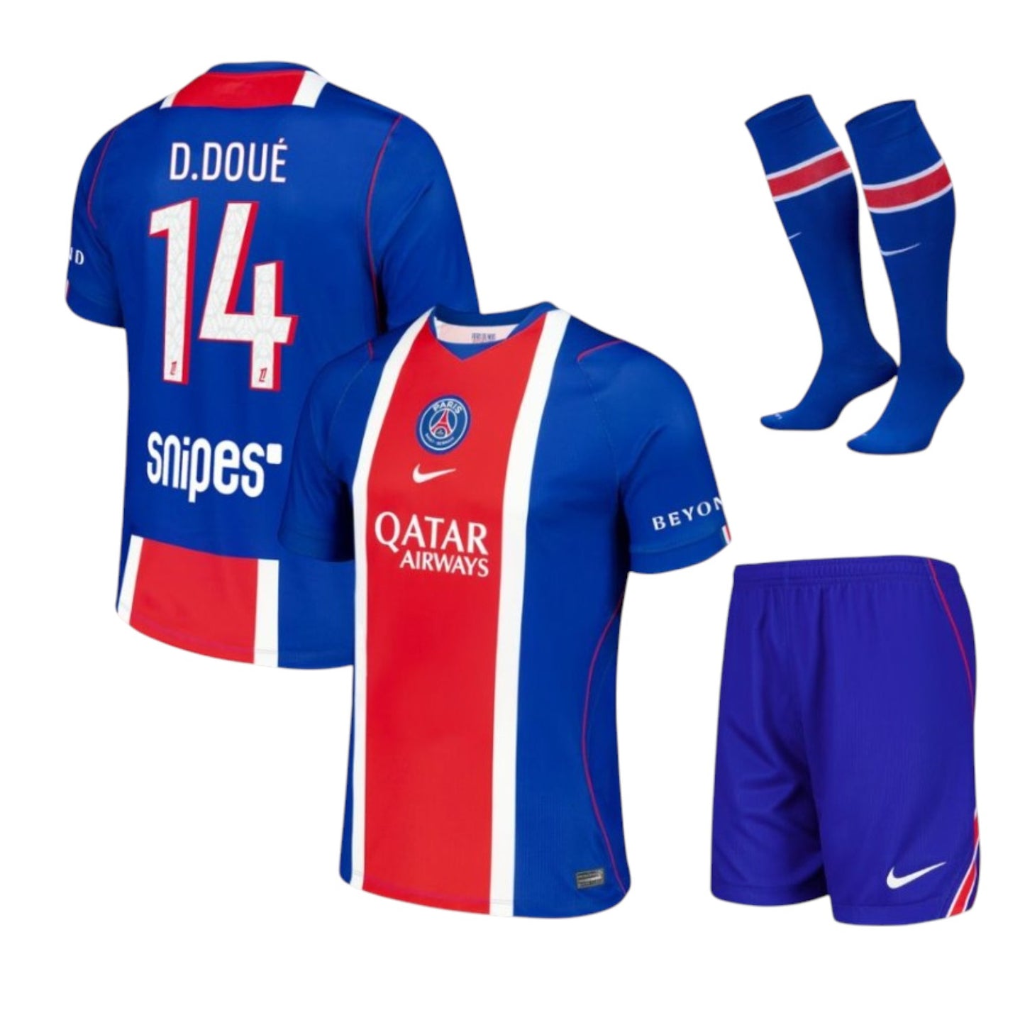 Kit criança principal PSG 26/27 da Velukz, camisa e shorts do time Paris Saint-Germain para crianças.