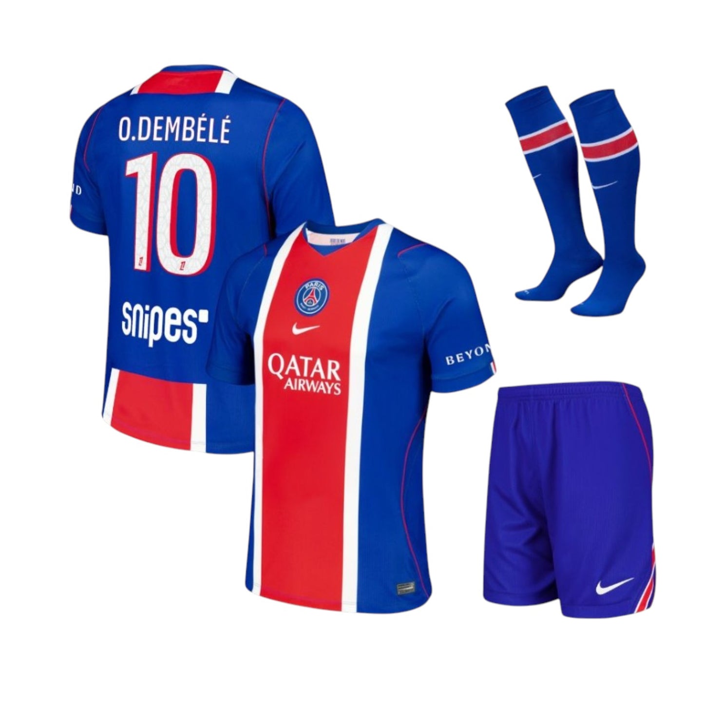 Kit de criança do PSG com o nome do O. Dembélé, camisa azul com detalhes vermelhos e logotipo do time, da marca Velukz.