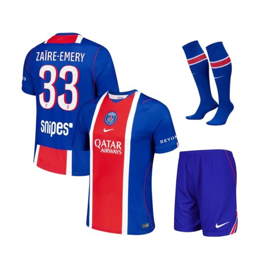 Kit de criança Velukz do PSG com uniforme principal 26/27, incluindo camisa, shorts e meia, para torcedores jovens.