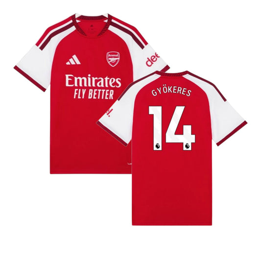 Camiseta principal Arsenal 2026/27 com Gyökeres, camiseta esportiva da Velukz, detalhe do design e cores do time de futebol.
