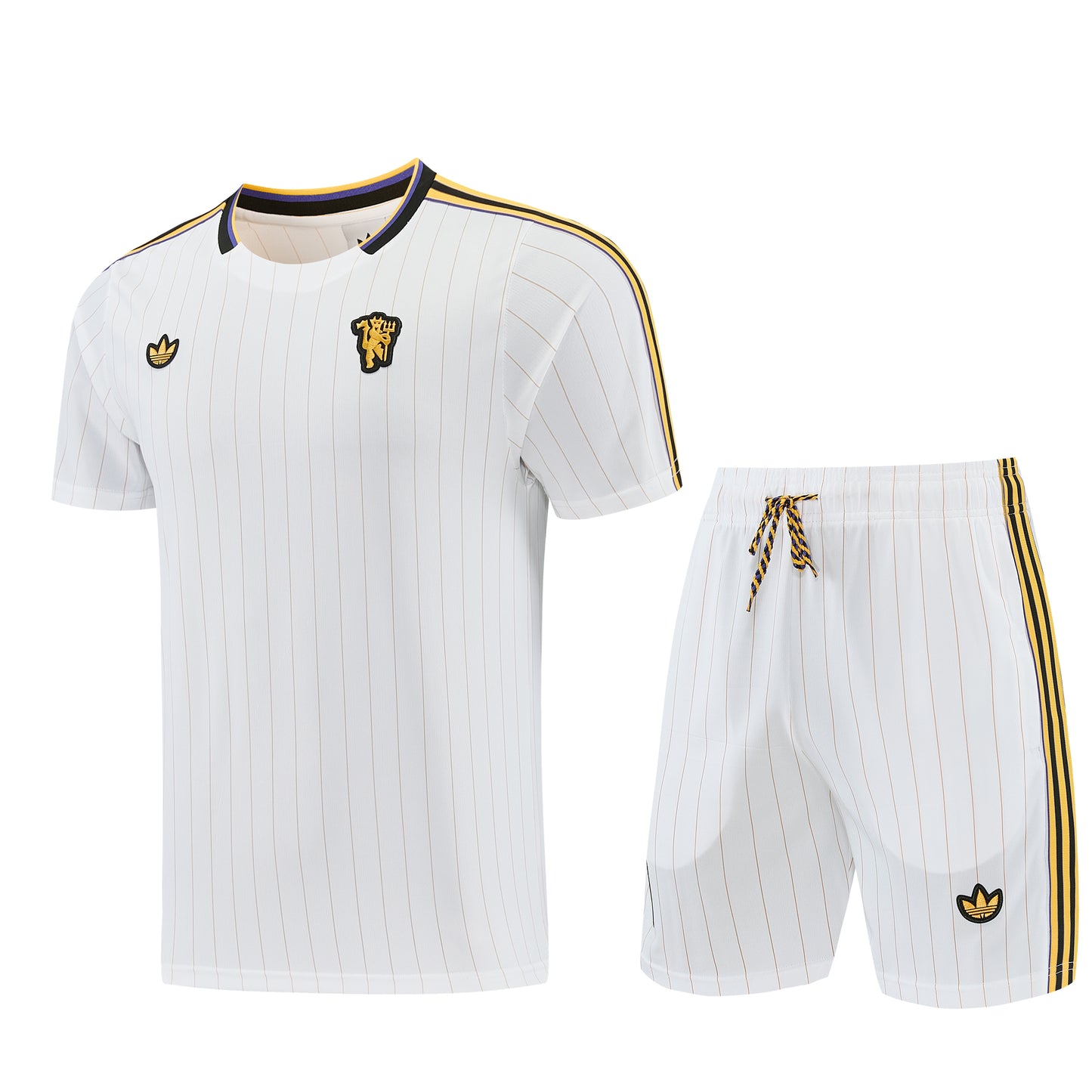 Conjunto Lifestyle Manchester United da Velukz, com camisola e calças, em cores vermelha e branca, para fãs do clube de futebol.