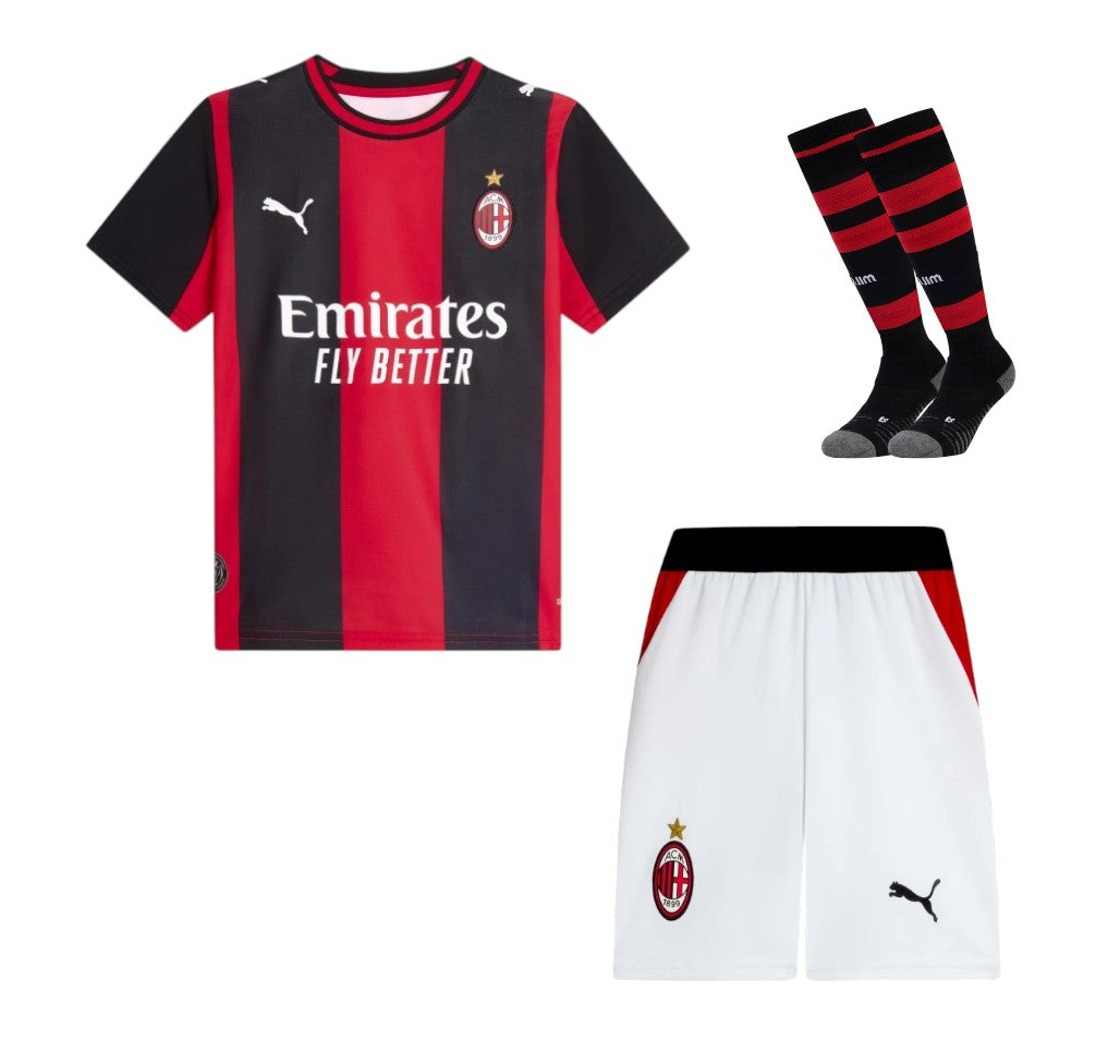Kit criança do AC Milan 26/27 da Velukz, camisa azul com detalhes vermelhos e logo do time, para jovens torcedores.