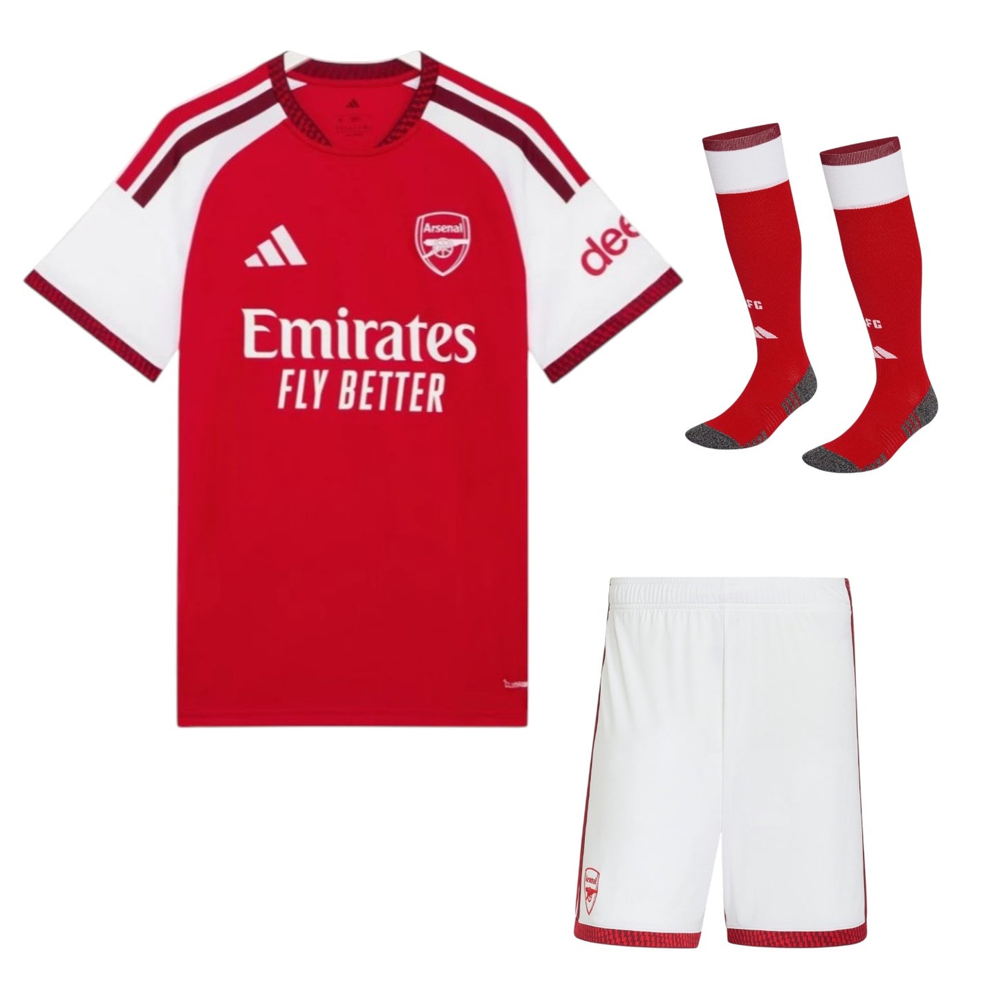 Kit criança Velukz com meias do Arsenal 26/27, inclui peças de roupas infantis com logo do time em cores tradicionais.