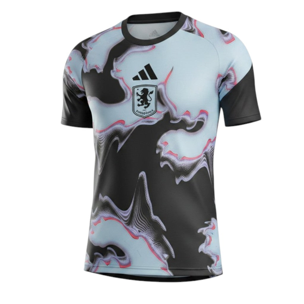 Camisa de treino Velukz Aston Villa, camiseta esportiva com logo do time, tecido confortável e design casual.