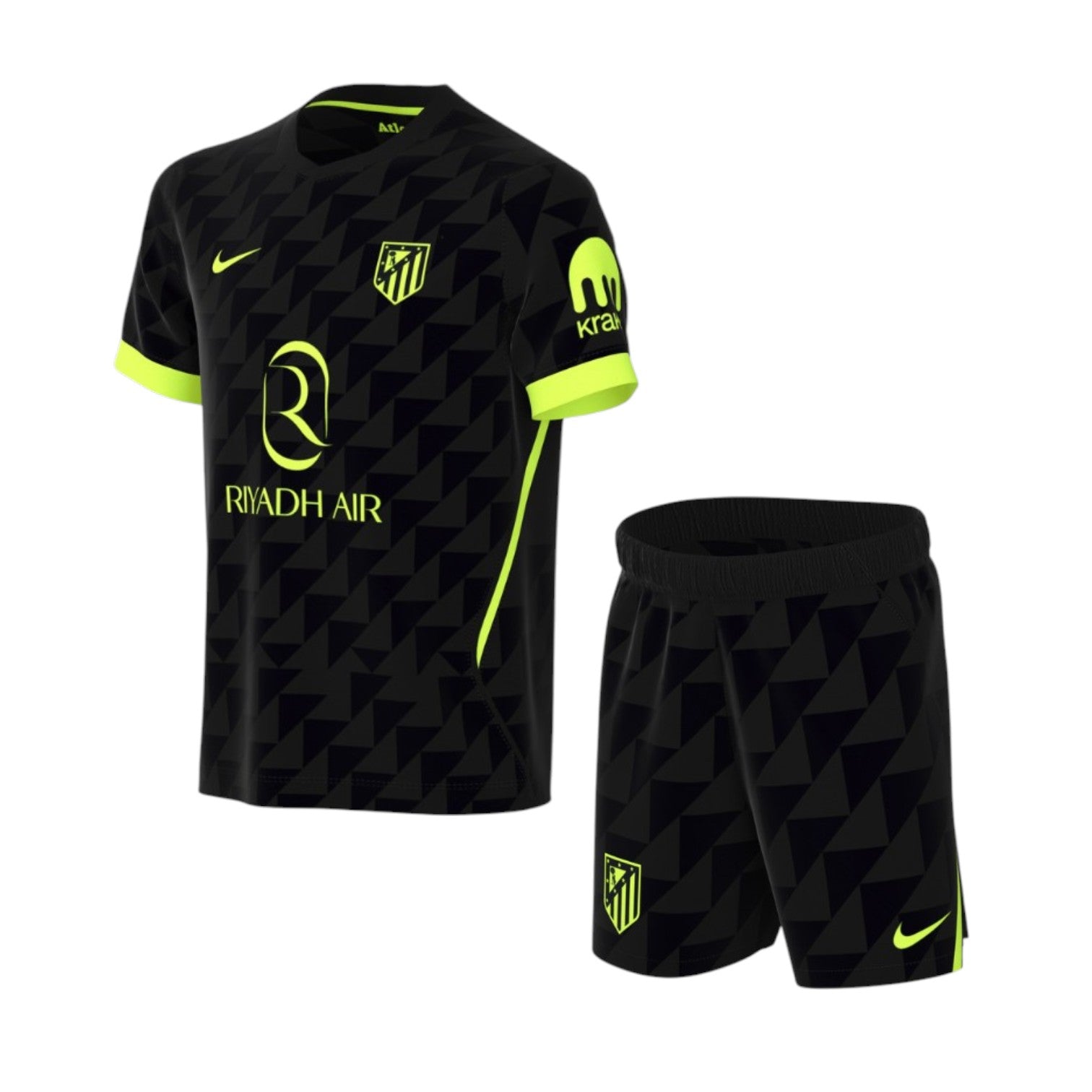 Kit criança Velukz Atlético de Madrid 26/27 com camiseta e calções, ideal para jovens torcedores do time espanhol.