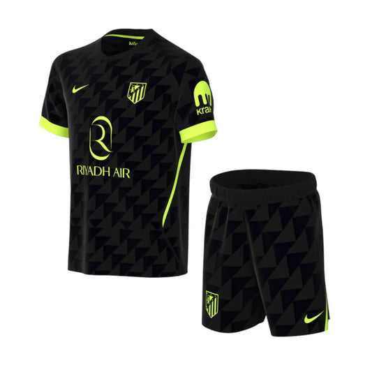 Kit criança Velukz Atlético de Madrid 26/27 com camiseta e calções, ideal para jovens torcedores do time espanhol.