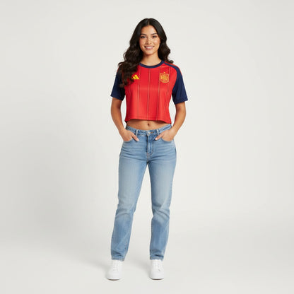 Cropped mulher Velukz Espanha Principal 26/27, peça de roupa casual com detalhes coloridos, vista frontal.