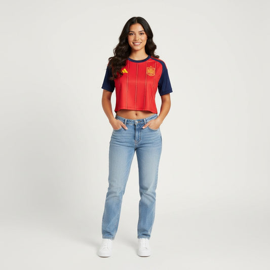 Cropped mulher Velukz Espanha Principal 26/27, peça de roupa casual com detalhes coloridos, vista frontal.