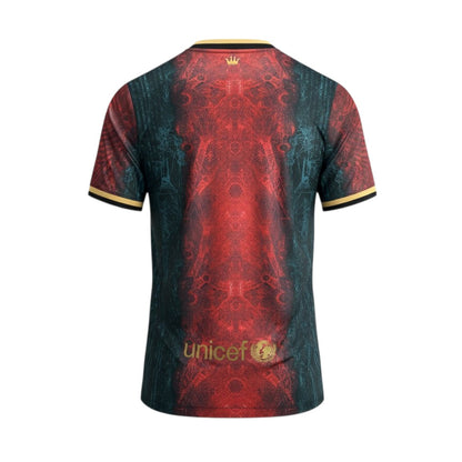 Camiseta retro Barcelona 21/22 da Velukz, com design clássico e detalhes gráficos, vista frontal em fundo branco
