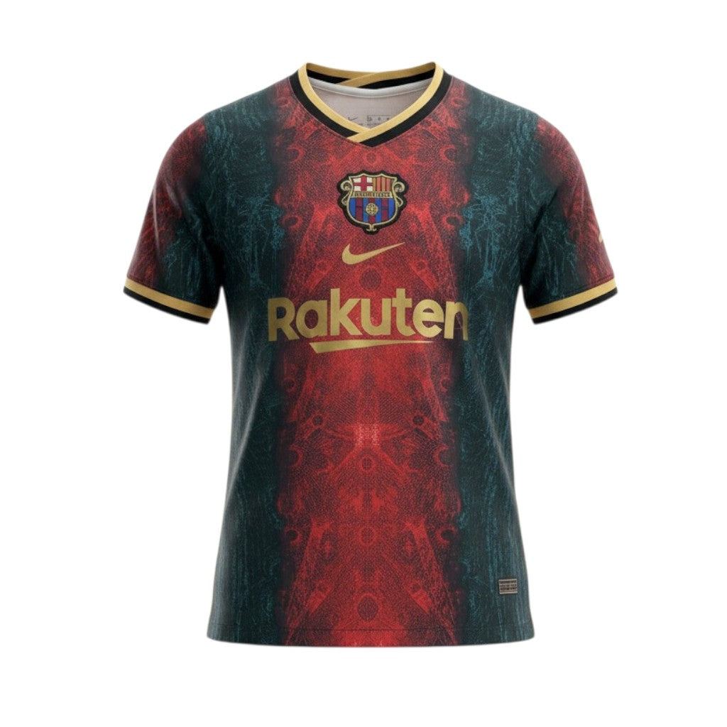 Camisola retro do FC Barcelona 21/22 da Velukz, com design clássico e cores do time, exibida na imagem.
